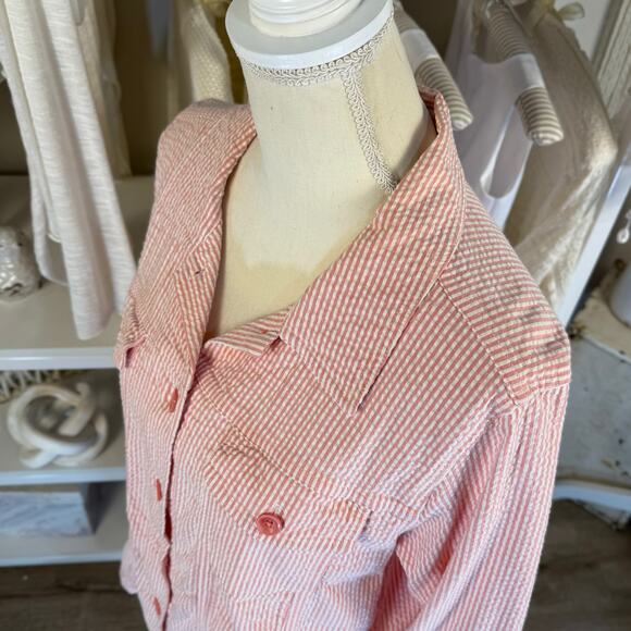 Denim & CO.  size Large Pink & white seer sucker jacket, casual, spring #3767 - Picture 6 of 9